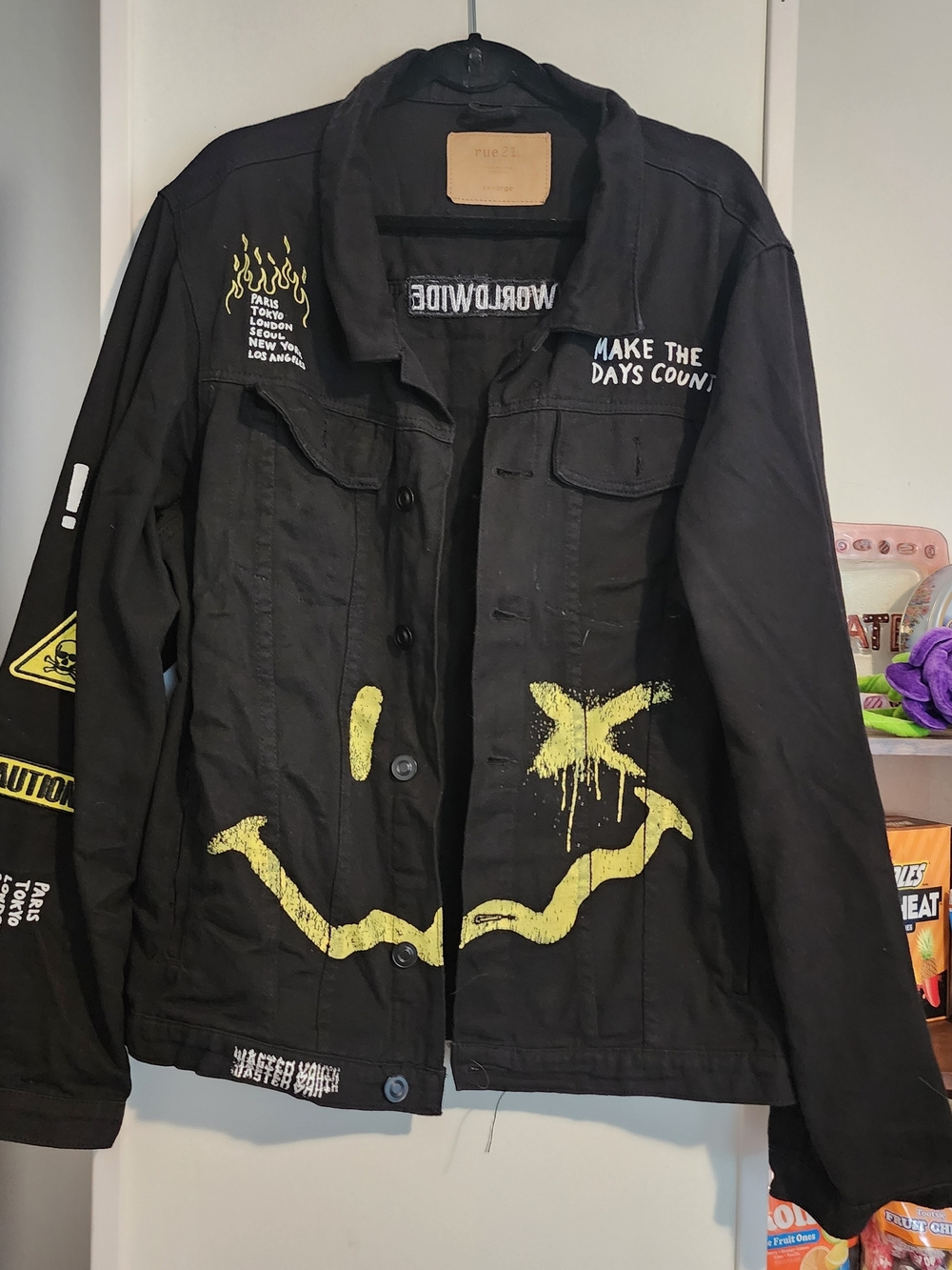 Rue21 Black Trucker Jacket with Yellow Graphic Print